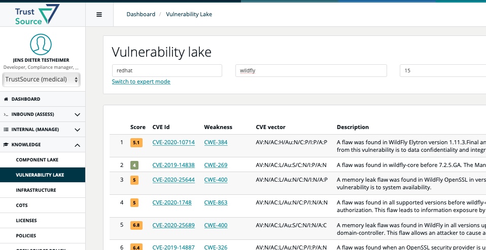 Sample query TrustSource Vulnerbaility Lake